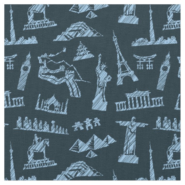 Tissu Motif de voyage dans le motif de bleus (Fermer)