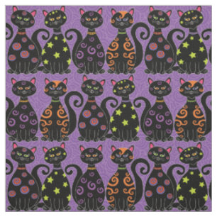 Tissu Motif d'Halloween violet aux chats noirs mignons