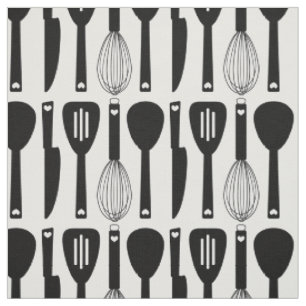 Tissu Motif d'ustensiles de cuisine noir blanc