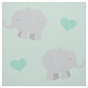 Tissu Motif éléphant et cœur gris et menthe mignon