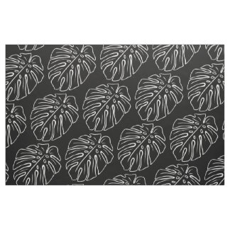 Tissu Motif Feuille Tropical Blanc Sur Noir Élégant