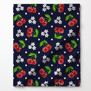 Tissu Motif floral à pois Cerise sur fond marine