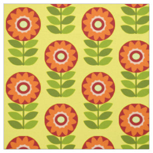 Tissu Motif floral rétro orange, vert et jaune