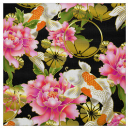 Tissu motif japonais avec Koi, fleurs et mon