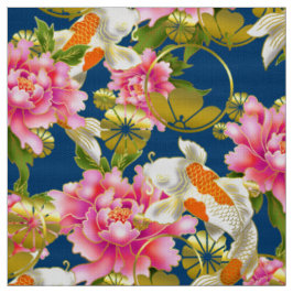 Tissu motif japonais avec Koi, fleurs et mon