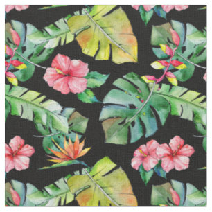 Tissu Motif noir Feuille de l'Hibiscus de Palm