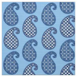 Tissu Motif Paisley, bleu ciel, marine et blanc