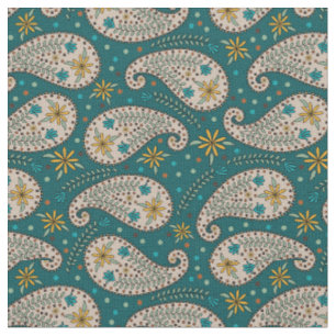 Tissu Motif Paisley en jaune Bleu Greige sur Turquoi