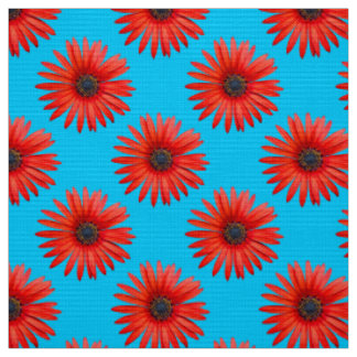 Tissu Motif Red African Daisy sur Sky Blue