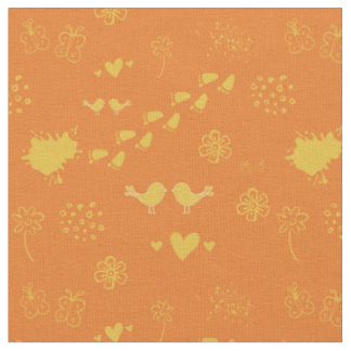 Tissu Motif rétro orange et jaune d'oiseaux, points,