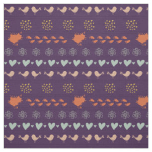 Tissu Motif rétro violet et gris des oiseaux, des points