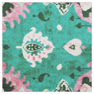 Tissu motif tribal chic rustique vert et rose ikat
