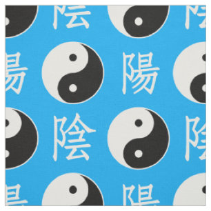 Tissu Motif Yinyang Chinois sur Fond Bleu