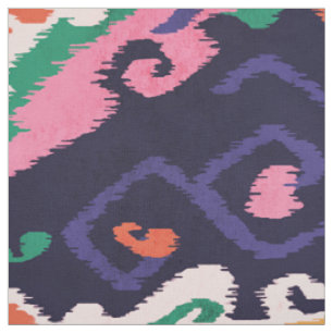 Tissu motifs tribaux de l'Iikat bleu marine rose et mign