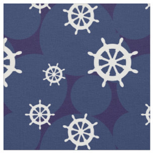 Tissu Navires Roues Marine Bleu et Blanc Motif nautique