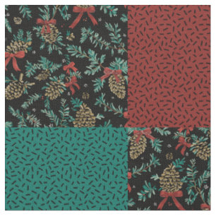 Tissu Noël Check Pine Cône Ribbon vert noir rouge