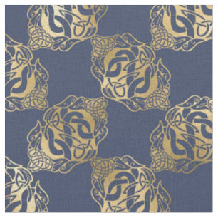 Tissu Noeuds celtiques d'or avec dragons sur le bleu
