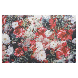 Tissu noir blanc rouge floral de roses victoriens