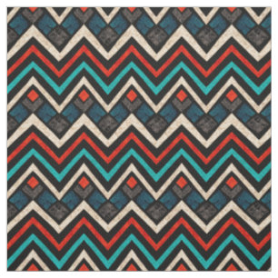 Tissu Noir Rouge Turquoise Beige Aztèque Motif