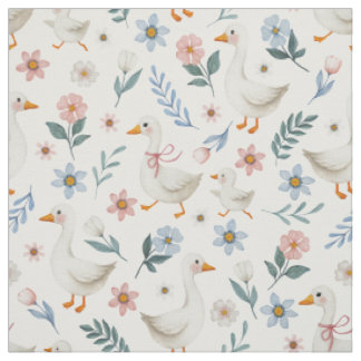 Tissu Oie et fleurs à l'aquarelle pastel sur fond blanc
