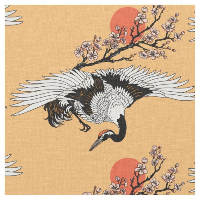 Tissu Oiseau de grue japonais et sakura en fleurs (Fermer)