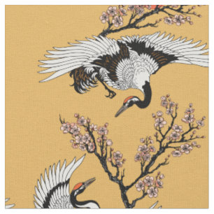 Tissu Oiseau de grue japonais et sakura en fleurs