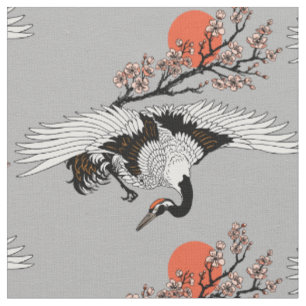 Tissu Oiseau de grue japonais et sakura en fleurs