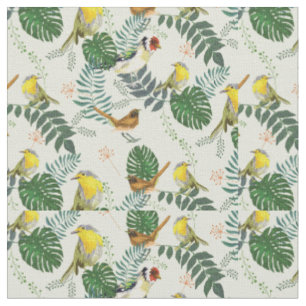 Tissu Oiseaux botaniques Motif de feuillage vert et jaun