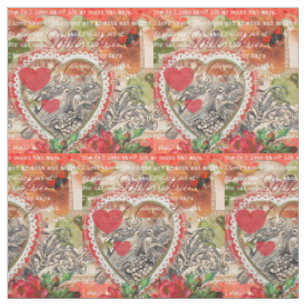 Tissu Oiseaux de l'amour Cœur Rouge Collage d'art