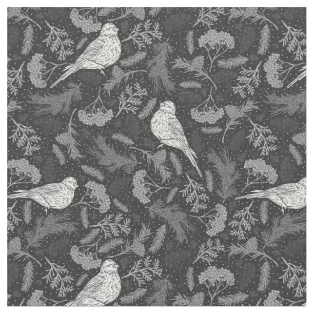 Tissu Oiseaux noirs et blancs d'hiver brillants Motif fl (Fermer)