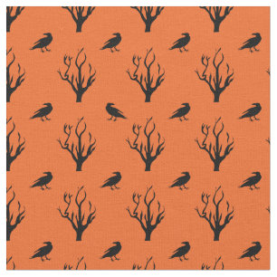 Tissu orange Halloween avec corbeaux et arbres mor