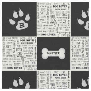Tissu Os de chien noir et blanc Nom et monogramme