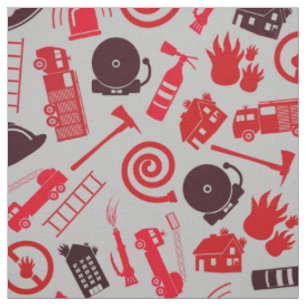 Tissu Outils et symboles pompiers gris