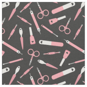 Tissu Outils Manicuriste blanc noir rose pâle Motif