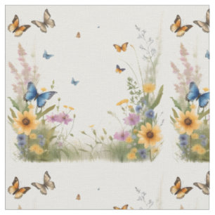 Tissu Papillons D'Aquarelle Et Fleurs sauvages,