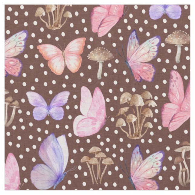 Tissu Papillons et champignons sur Brown (Fermer)