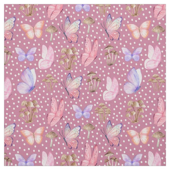 Tissu Papillons et champignons sur rose pourpre (Échantillon)