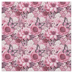 Tissu Papillons et Fleurs dans des tons roses variés
