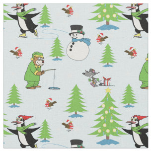 Tissu Patinage de pingouin de Noël et pêcheur d'ours