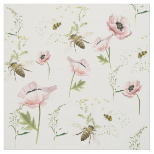 Tissu Pavot délicat, abeilles, aquarelle fleur sauvage