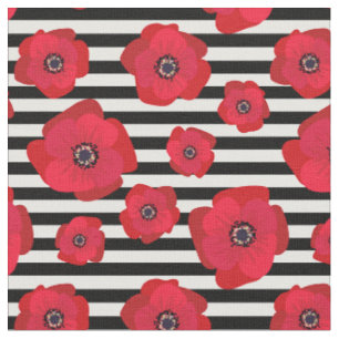 Tissu Pavots et rayures noires - motif sans couture