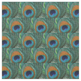 Tissu Peacock Feather Fabric - Tan Green Turquoise Blue