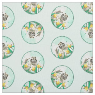 Tissu Peinture Keeshond dans les tulipes mignonne art or