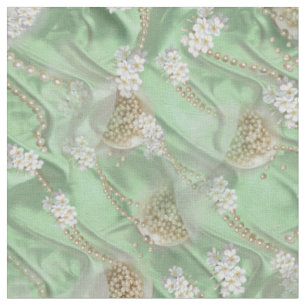 Tissu Perles de champagne verte en soie et ivoire