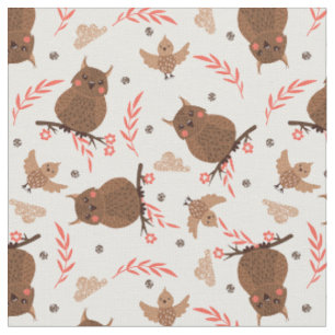 Tissu Petit hibou Brown et Motif d'oiseaux