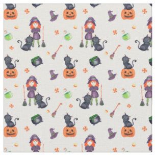 Tissu Petite sorcière d'Halloween, chat noir et mignonne