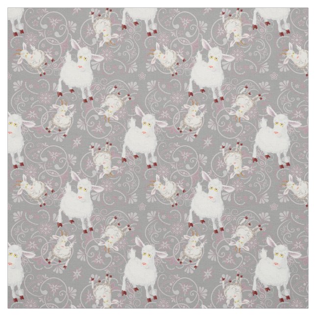 Tissu Petites chèvres et fleurs blanches (Échantillon)