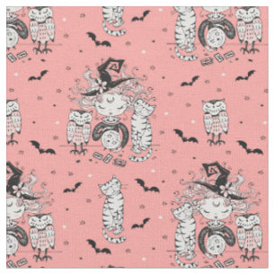 Tissu Petites sorcières mignonnes avec chats et chouett
