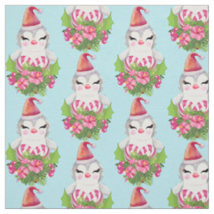 Tissu Pingouin de Noël mignon en Motif de Santa Hat