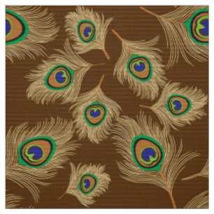 Tissu Plumes beiges de paon sur brun chocolat